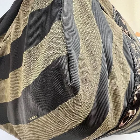 Auth Fendi Logo Weekender Overnight Pequin Stripe Bag Olive Canvas